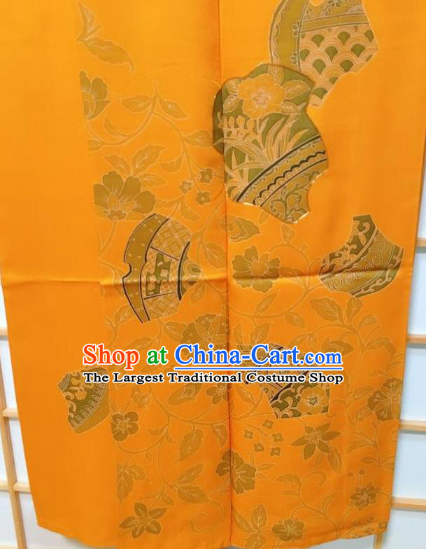 Japanese Traditional Printing Orchid Orange Furisode Kimono Japan Yukata Dress Costume for Women