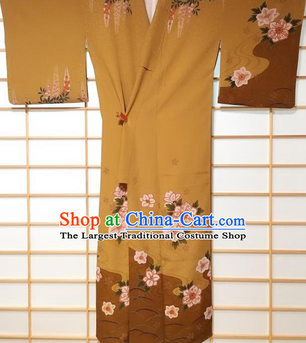 Japanese Traditional Printing Camellia Ginger Furisode Kimono Japan Yukata Dress Costume for Women