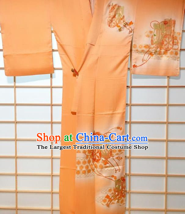 Traditional Japanese Printing Wheel Orange Furisode Kimono Japan Yukata Dress Costume for Women