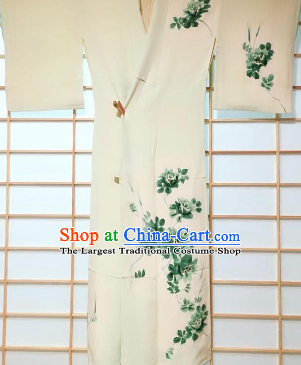 Traditional Japanese Printing Roses Light Green Furisode Kimono Japan Yukata Dress Costume for Women