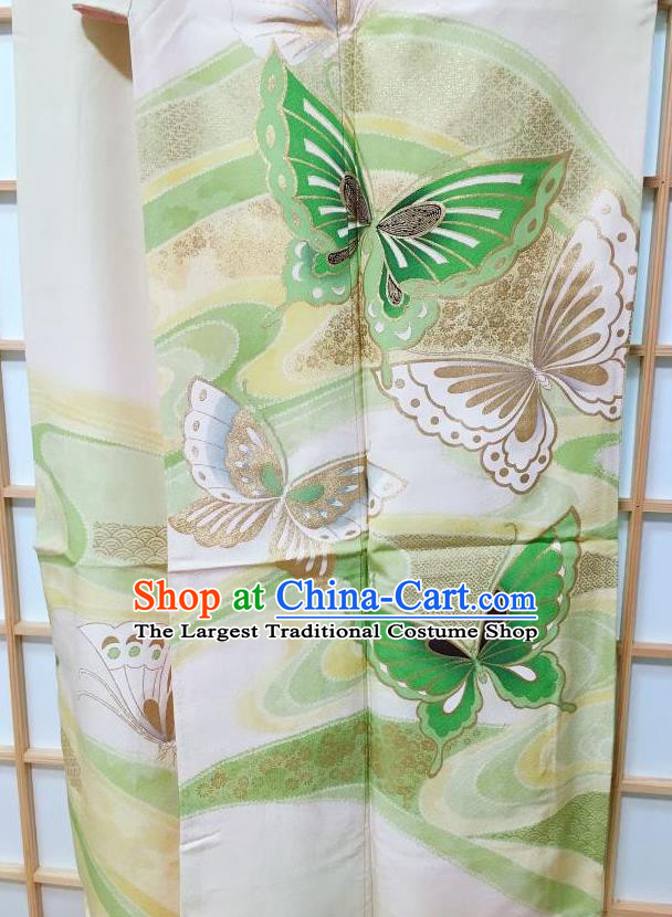 Traditional Japanese Printing Butterfly Light Green Furisode Kimono Japan Yukata Dress Costume for Women