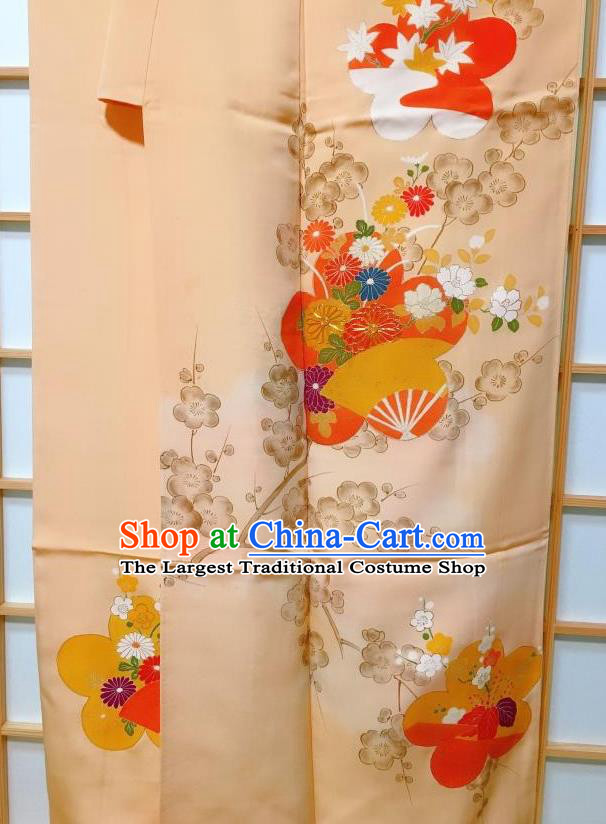 Traditional Japanese Printing Plum Fan Orange Furisode Kimono Japan Yukata Dress Costume for Women