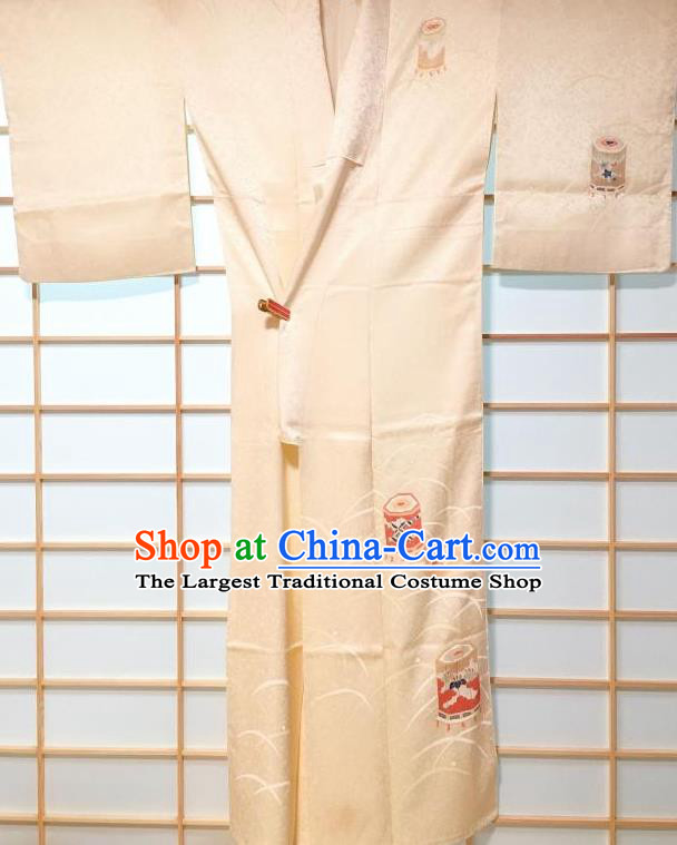 Traditional Japanese Printing Beige Furisode Kimono Japan Yukata Dress Costume for Women