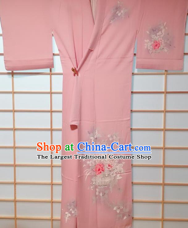 Traditional Japanese Printing Peony Vase Pink Furisode Kimono Japan Yukata Dress Costume for Women