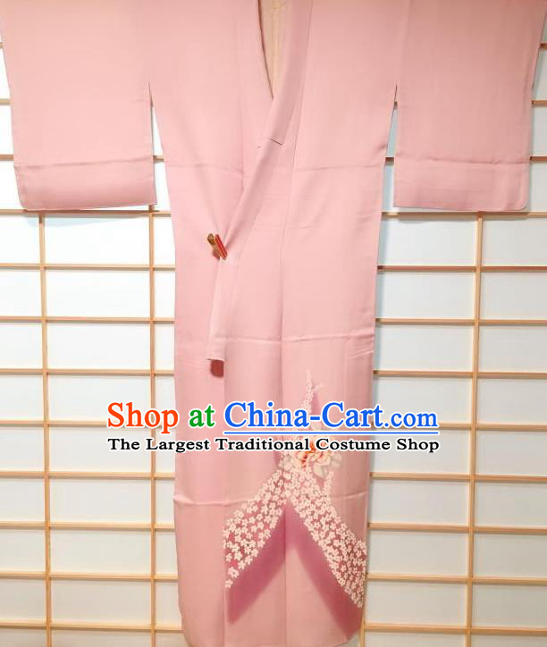 Traditional Japanese Printing Camellia Pink Furisode Kimono Japan Yukata Dress Costume for Women