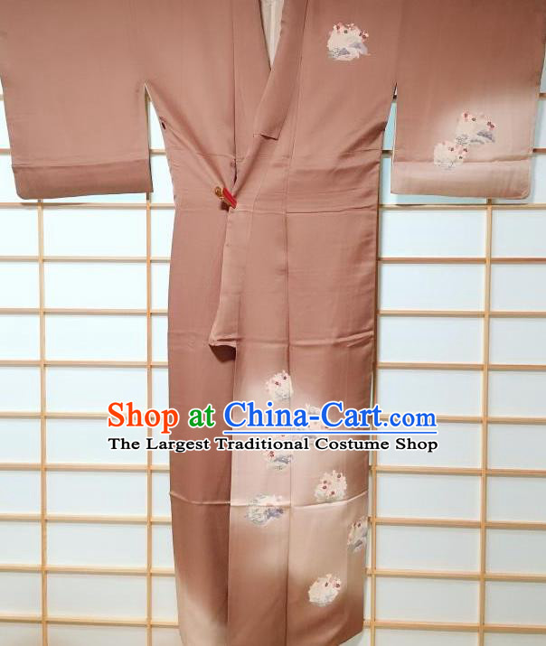 Traditional Japanese Printing Plum Blossom Brown Furisode Kimono Japan Yukata Dress Costume for Women