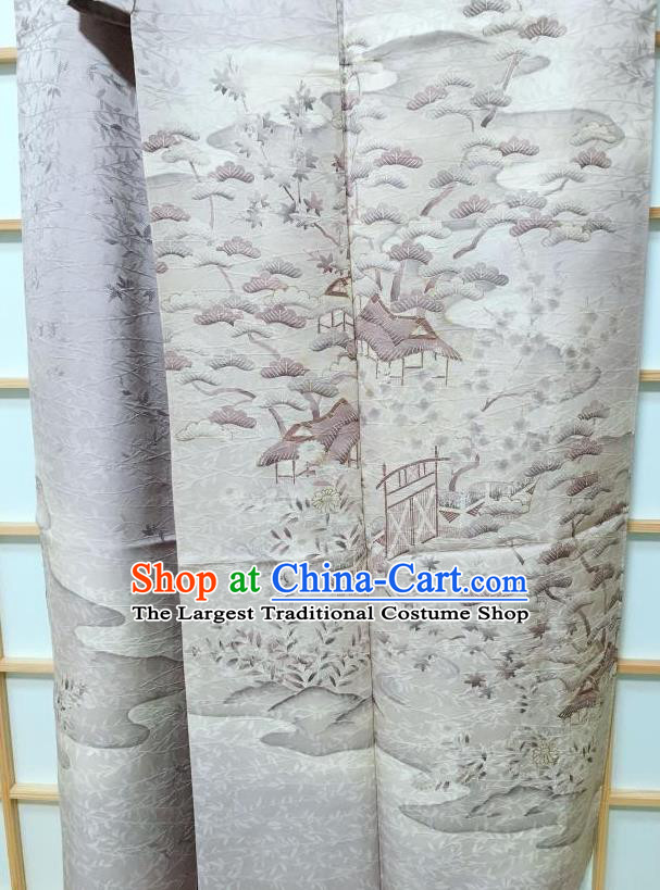 Traditional Japanese Printing Pine Grey Furisode Kimono Japan Yukata Dress Costume for Women