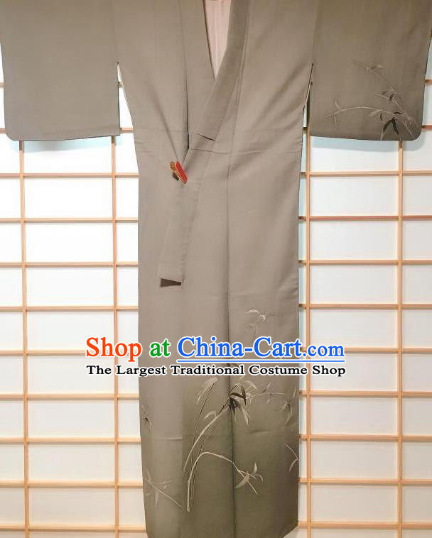 Traditional Japanese Printing Bamboo Grey Furisode Kimono Japan Yukata Dress Costume for Women
