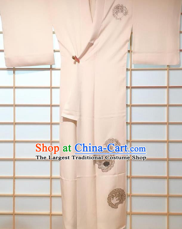 Traditional Japanese Printing Beige Furisode Kimono Japan Yukata Dress Costume for Women