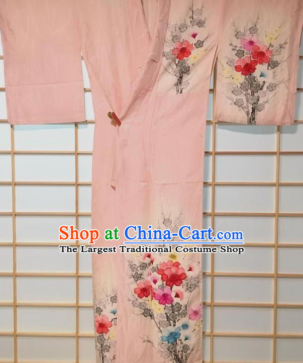 Traditional Japanese Classical Camellia Pattern Pink Kimono Japan Yukata Dress Costume for Women