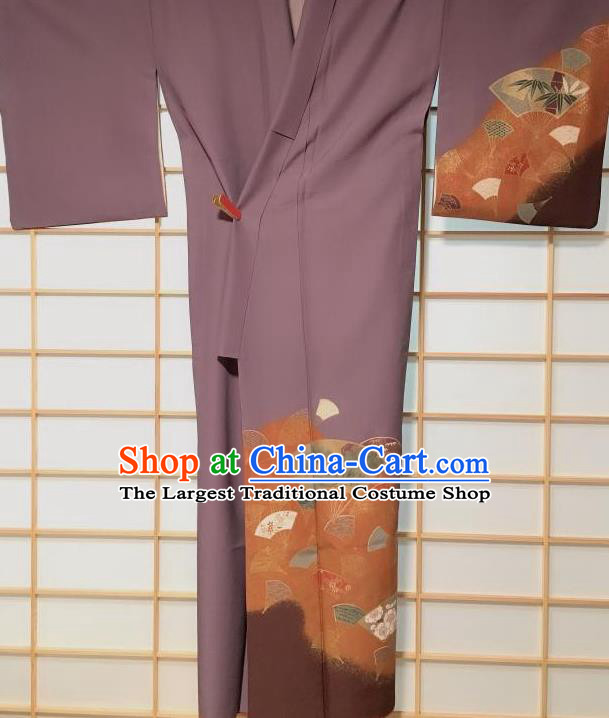 Traditional Japanese Classical Fans Pattern Purple Kimono Japan Yukata Dress Costume for Women
