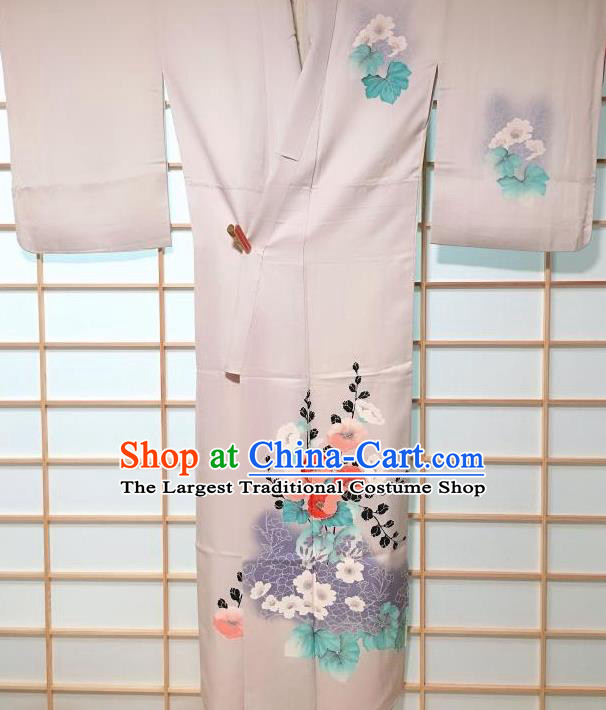 Traditional Japanese Classical Camellia Pattern Grey Kimono Japan Yukata Dress Costume for Women
