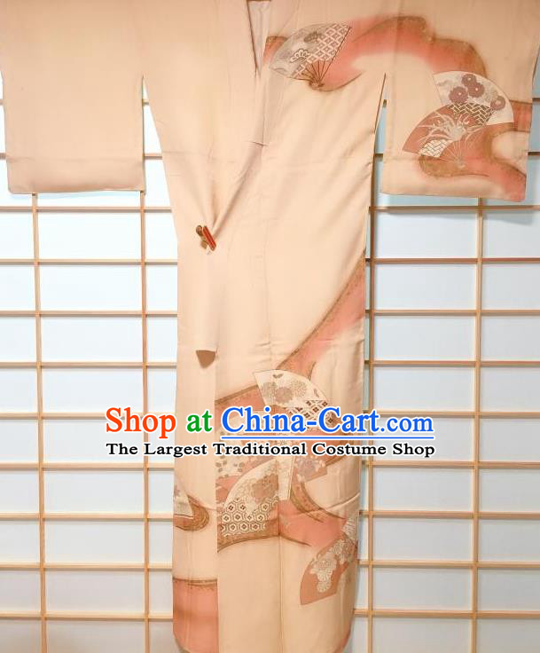 Traditional Japanese Classical Peony Fan Pattern Beige Furisode Kimono Japan Yukata Dress Costume for Women