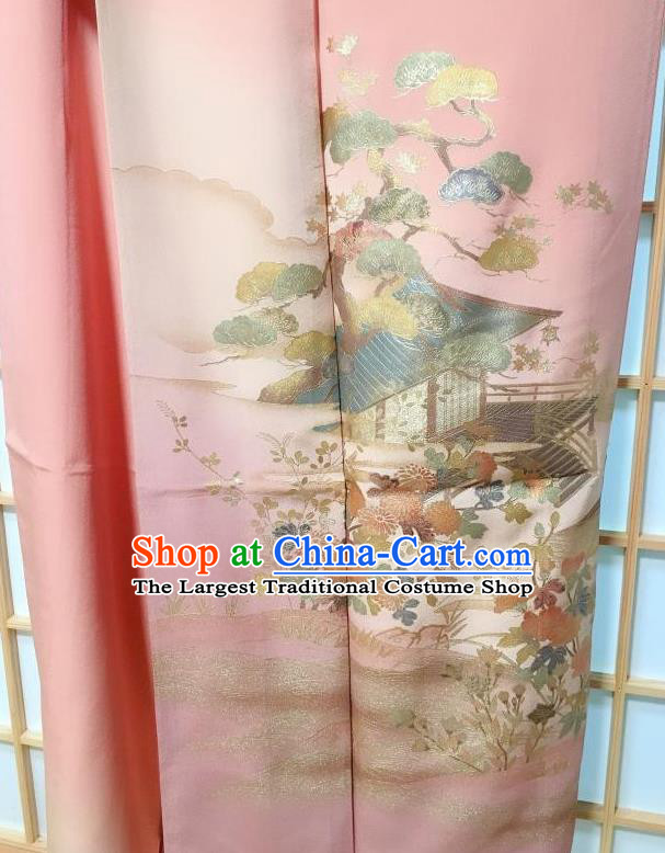 Traditional Japanese Classical Embroidered Chrysanthemum Pine Pink Furisode Kimono Japan Yukata Dress Costume for Women