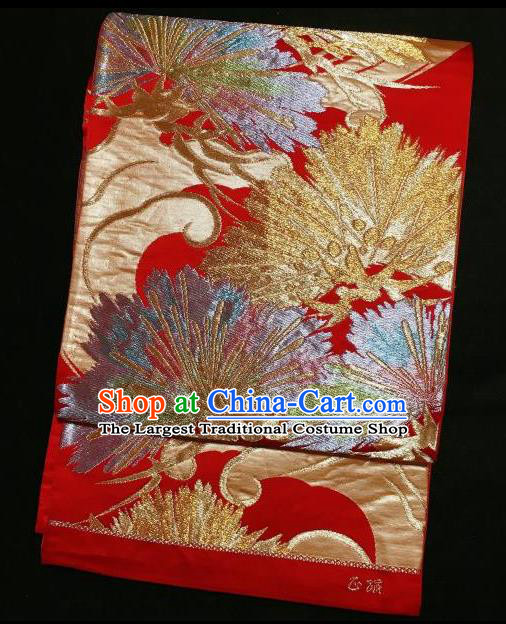 Japanese Traditional Embroidered Pine Needle Red Brocade Waistband Japan Kimono Yukata Belt for Women