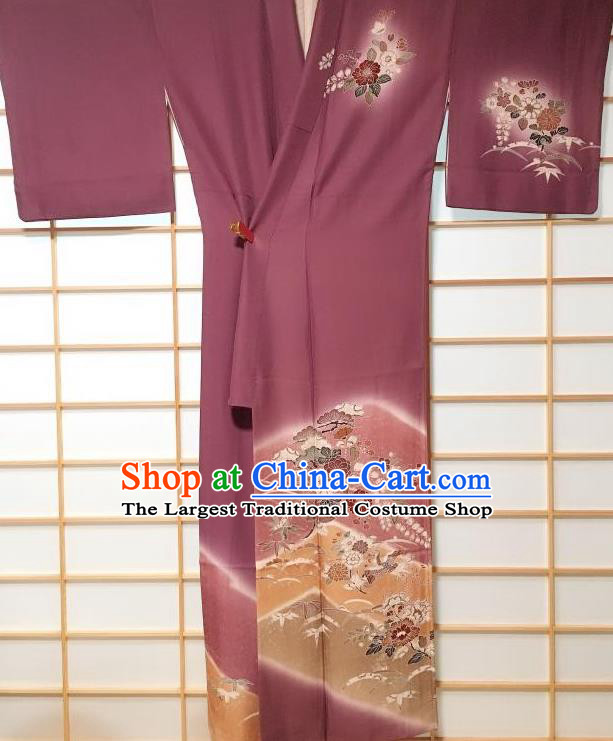 Traditional Japanese Printing Flowers Bird Purple Furisode Kimono Japan Yukata Dress Costume for Women