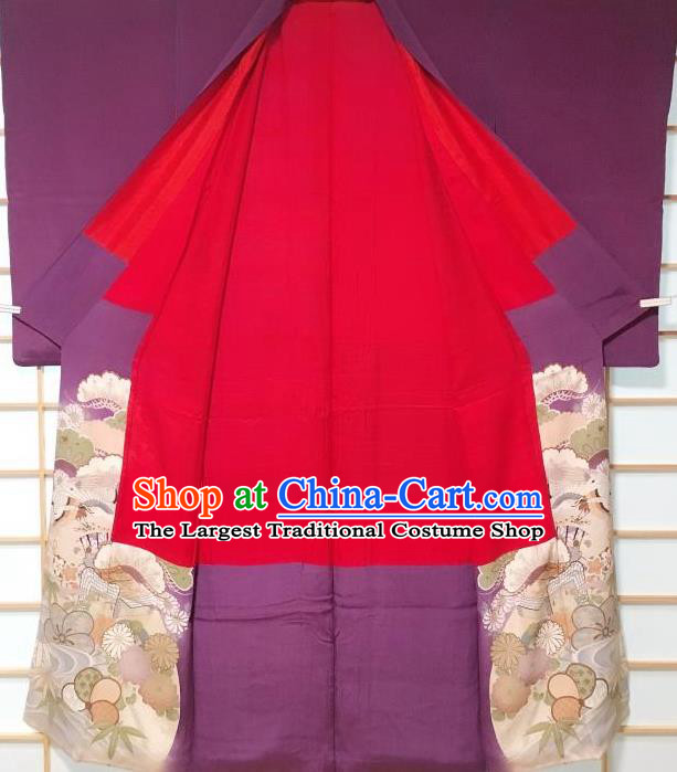 Traditional Japanese Pine Chrysanthemum Pattern Purple Furisode Kimono Japan Yukata Dress Costume for Women
