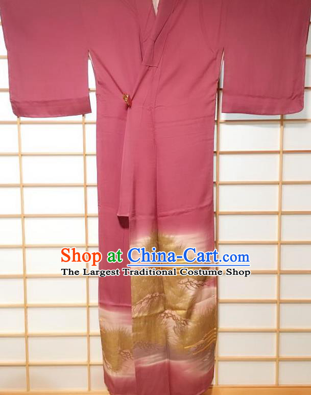 Traditional Japanese Pine Pattern Deep Pink Furisode Kimono Japan Yukata Dress Costume for Women