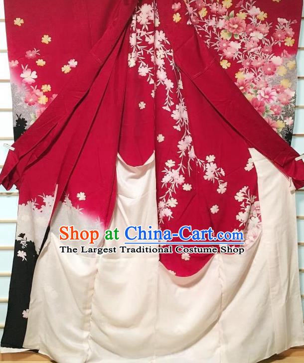 Traditional Japanese Classical Peony Pattern Red Furisode Kimono Japan Yukata Dress Costume for Women