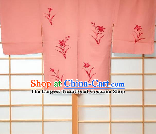 Japanese Traditional Printing Orchid Pattern Pink Haori Jacket Japan Kimono Overcoat Costume for Women