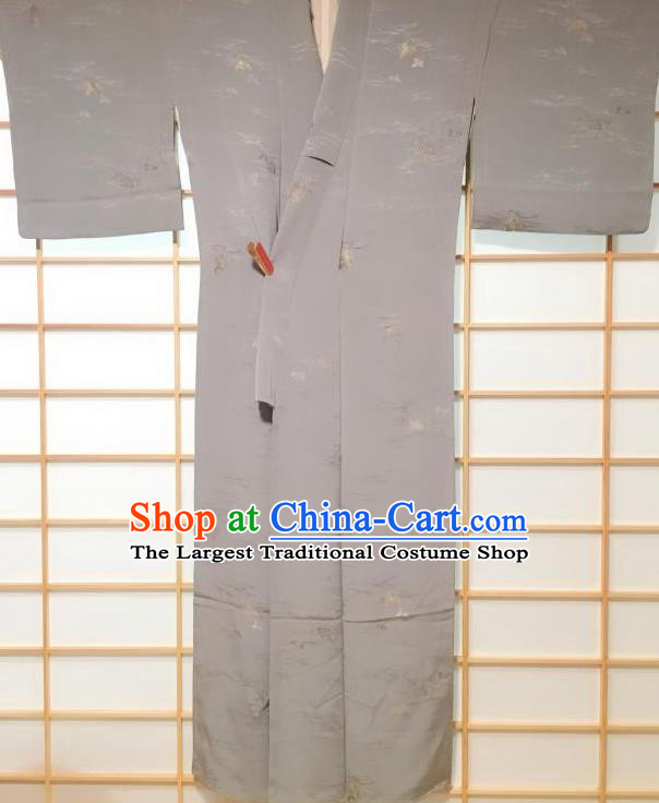 Japanese Traditional Embroidered Pattern Grey Silk Kimono Japan Yukata Dress Costume for Women