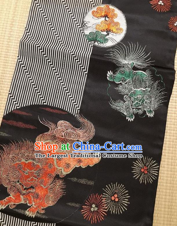Japanese Traditional Embroidered Pine Lion Black Brocade Waistband Japan Kimono Yukata Belt for Women