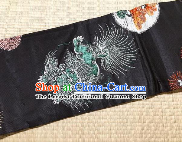 Japanese Traditional Embroidered Pine Lion Black Brocade Waistband Japan Kimono Yukata Belt for Women