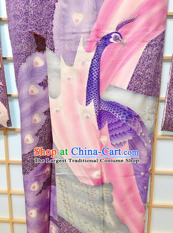 Japanese Traditional Peacock Pattern Purple Silk Furisode Kimono Japan Yukata Dress Costume for Women