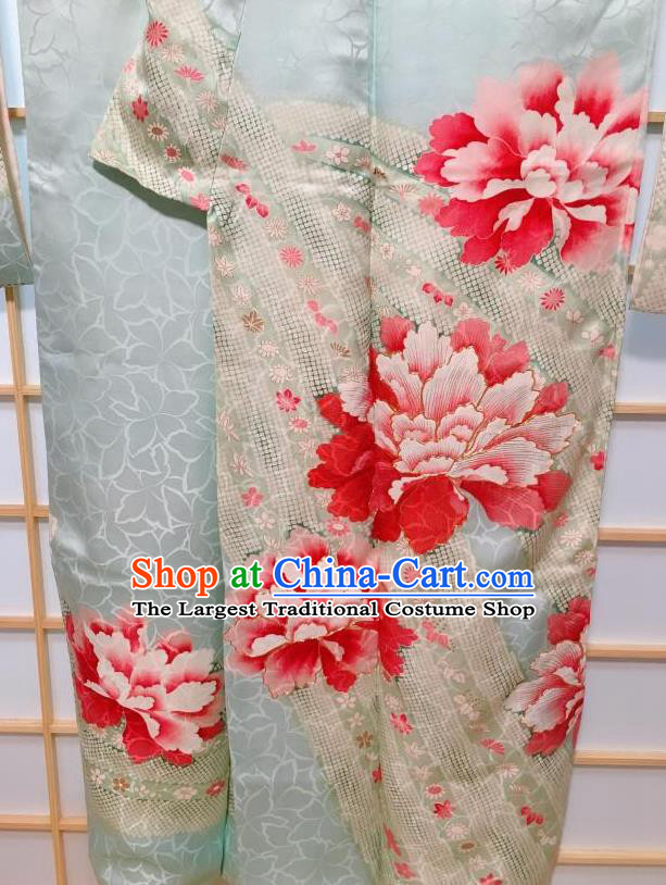 Traditional Japanese Geisha Peony Pattern Light Blue Furisode Kimono Japan Yukata Dress Costume for Women