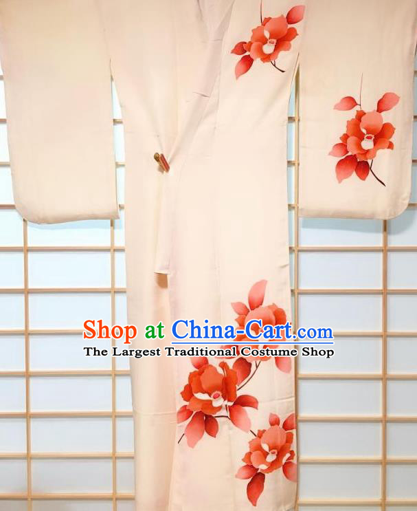 Japanese Traditional Painting Camellia Pattern Beige Tsukesage Kimono Japan Yukata Dress Costume for Women