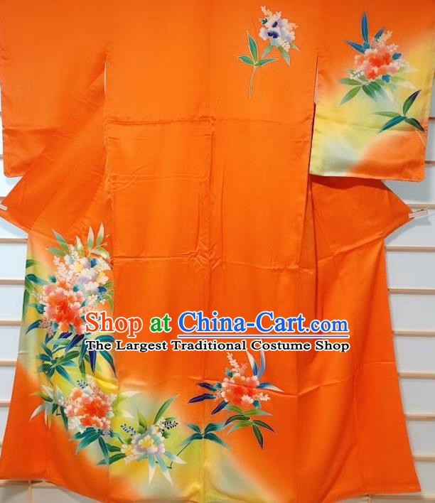 Japanese Traditional Printing Peony Pattern Orange Tsukesage Kimono Japan Yukata Dress Costume for Women