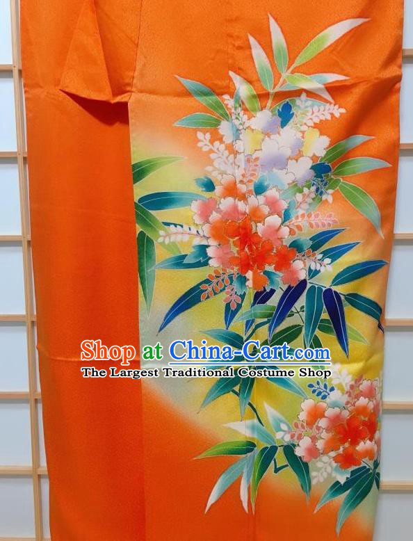 Japanese Traditional Printing Peony Pattern Orange Tsukesage Kimono Japan Yukata Dress Costume for Women