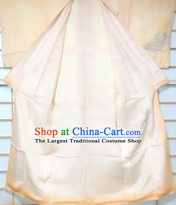 Japanese Traditional Embroidered Butterfly Pattern Light Yellow Tsukesage Kimono Japan Yukata Dress Costume for Women
