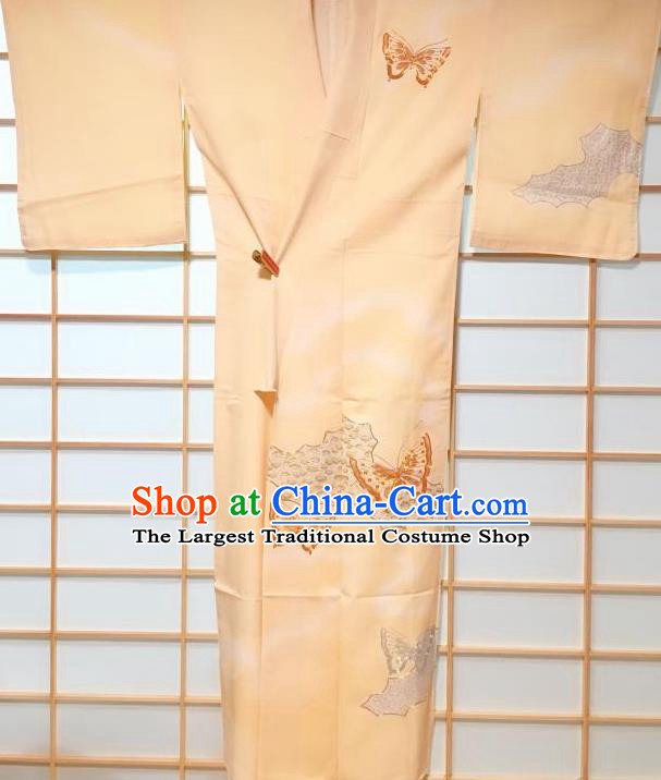 Japanese Traditional Embroidered Butterfly Pattern Light Yellow Tsukesage Kimono Japan Yukata Dress Costume for Women