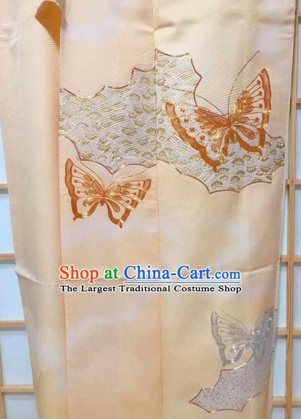 Japanese Traditional Embroidered Butterfly Pattern Light Yellow Tsukesage Kimono Japan Yukata Dress Costume for Women