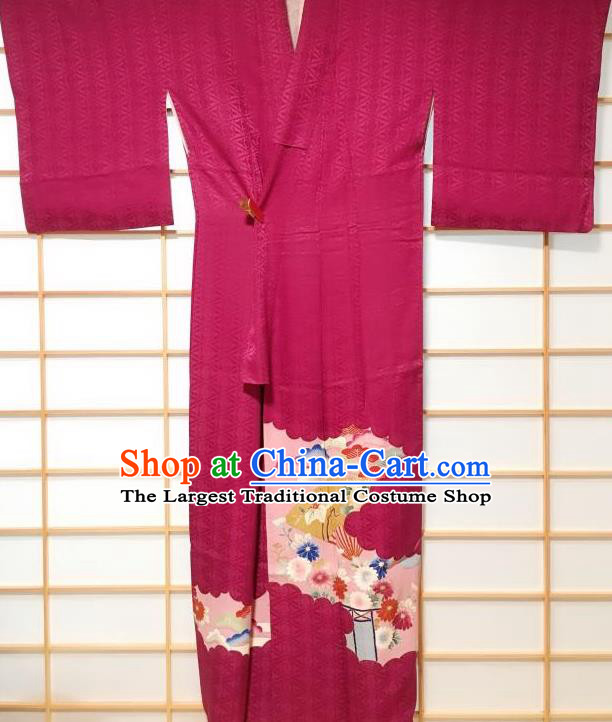 Japanese Traditional Chrysanthemum Pattern Rosy Uchikake Kimono Japan Yukata Dress Costume for Women