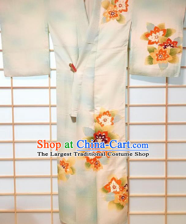 Japanese Traditional Flowers Pattern Light Blue Silk Tsukesage Kimono Japan Yukata Dress Costume for Women