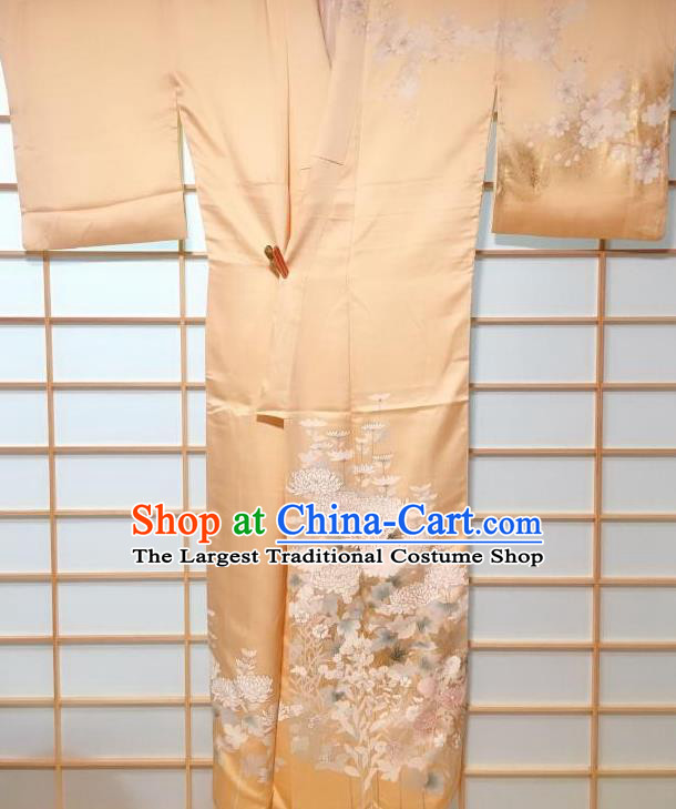 Japanese Traditional Embroidered Chrysanthemum Pattern Golden Silk Tsukesage Kimono Japan Yukata Dress Costume for Women