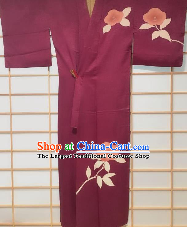 Japanese Traditional Camellia Pattern Purple Tsukesage Kimono Japan Yukata Dress Costume for Women