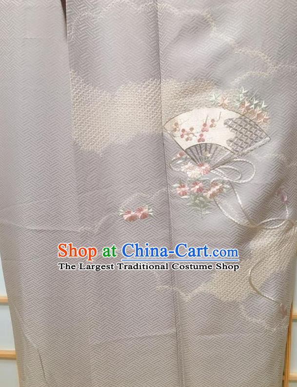 Japanese Traditional Embroidered Grey Tsukesage Kimono Japan Yukata Dress Costume for Women