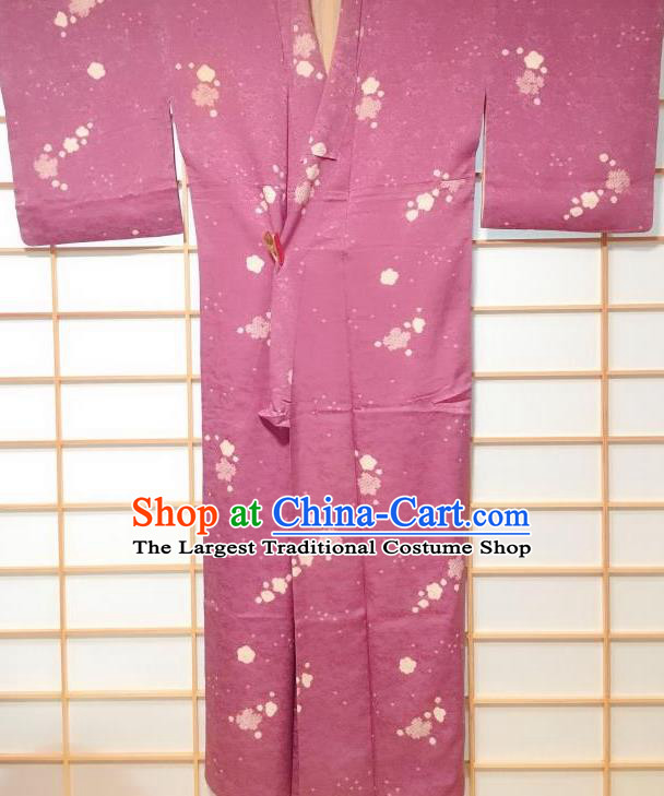 Japanese Traditional Printing Flowers Rosy Kimono Japan Yukata Dress Costume for Women