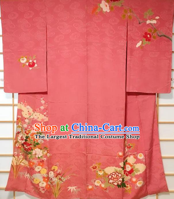 Japanese Classical Plum Peony Pattern Pink Tsukesage Kimono Japan Traditional Yukata Dress Costume for Women