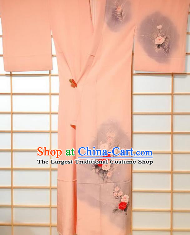 Japanese Classical Printing Peony Pink Tsukesage Kimono Japan Traditional Yukata Dress Costume for Women