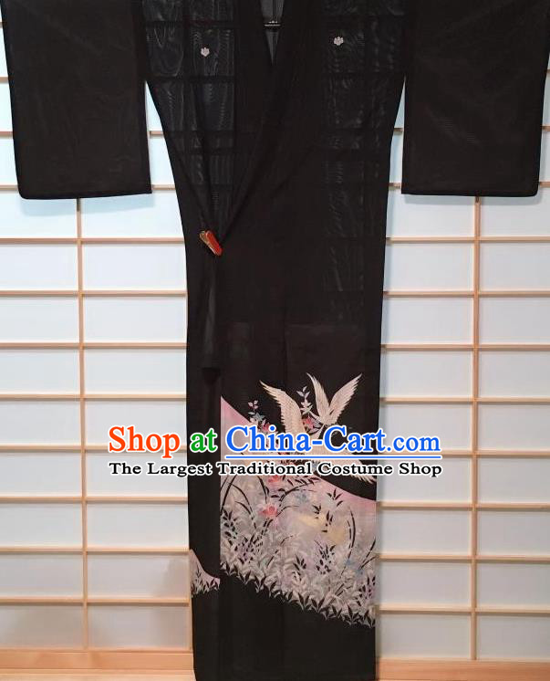 Japanese Classical Printing Crane Black Kurotomesode Kimono Japan Traditional Yukata Dress Costume for Women