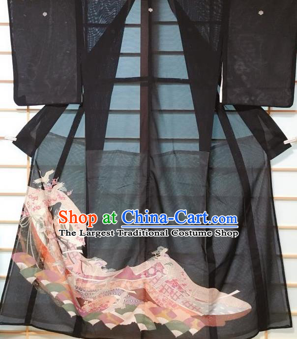 Japanese Classical Printing Plum Crane Black Kurotomesode Kimono Japan Traditional Yukata Dress Costume for Women