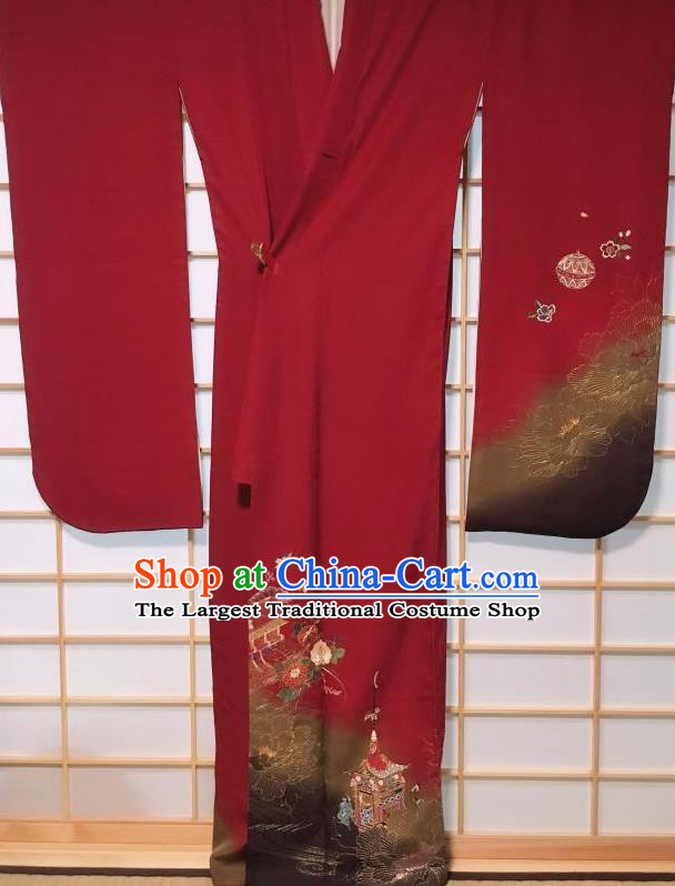 Traditional Japanese Geisha Embroidered Red Furisode Kimono Japan Yukata Dress Costume for Women