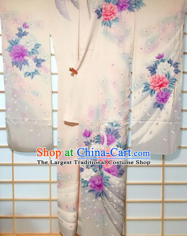 Traditional Japanese Geisha Printing Peony White Silk Furisode Kimono Japan Yukata Dress Costume for Women