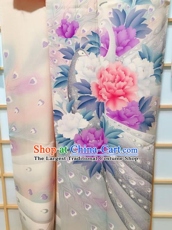 Traditional Japanese Geisha Printing Peony White Silk Furisode Kimono Japan Yukata Dress Costume for Women