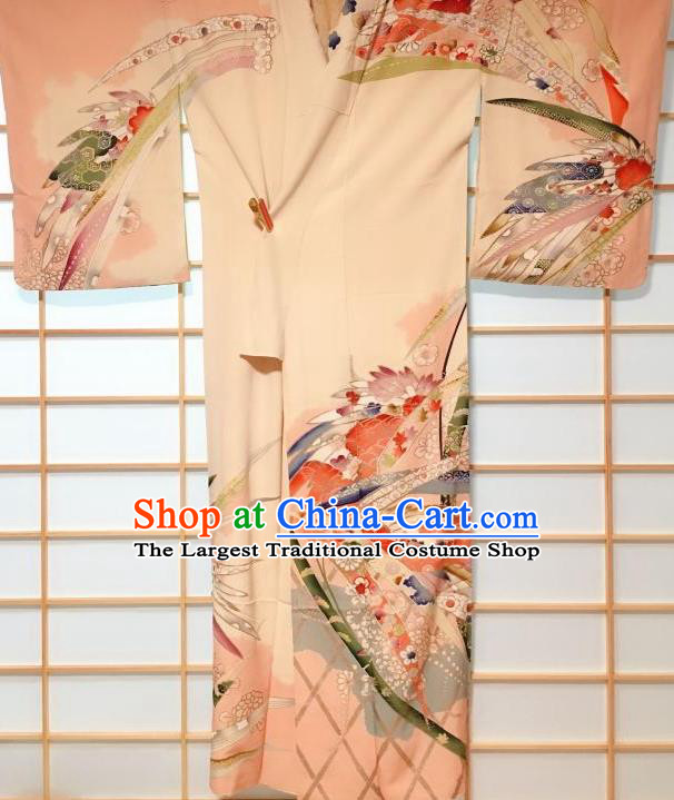 Japanese Classical Flowers Pattern Beige Tsukesage Kimono Japan Traditional Yukata Dress Costume for Women