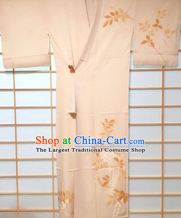Japanese Classical Fujihana Pattern Beige Tsukesage Kimono Japan Traditional Yukata Dress Costume for Women